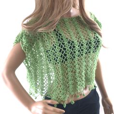 Add Some Beautiful Detail To Your Look With This Crochet Top, Perfect For Spring And Summer. Enhance Your Curves With This Feminine Appeal. A Perfect Partner To Elevate The Elegance Of Your Favorite Sleeveless Dress, Tank Or Cami. Size: S/M To L This Top Is Made Out Of A Material That Starts Off Small, But It Stretches To Fit Your Size. Material: Soft Acrylic Blend Yarn Hand Washable Body Measure: 52" Inches Around Lenght: 15" Inches Bohemian Tops With Crochet Lace, Green Knitted Bohemian Tops, Green Crochet Knit Tops, Crochet Yarn Tops For Summer, Summer Crochet Yarn Tops, Stretch Green Knit Crochet Top, Green Bohemian Knit Crochet Top, Green Cotton Top With Crochet Lace, Green Cotton Tops With Crochet Lace