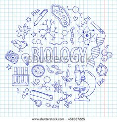 the word biology surrounded by hand drawn doodles on a sheet of exercise book paper