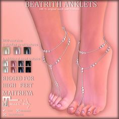 the feet are adorned with pearls and beads for barefoot anklets, as well as beaded foot jewelry