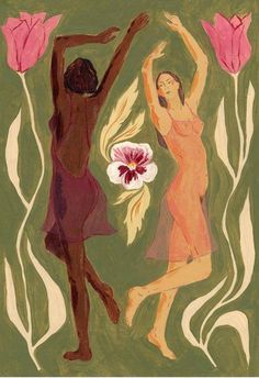 two women dancing with flowers in the background