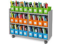 a book shelf with several bins on wheels