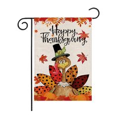 a happy thanksgiving flag with a turkey wearing a top hat and polka dotes on it