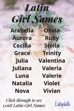 the latin girl names are shown in this poster