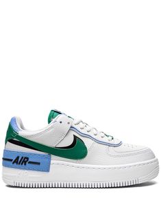 Air Force 1 Shadow sneakers from NIKE featuring blue, bright green, black, leather, signature Swoosh logo detail, branded insole, flat rubber sole, front lace-up fastening and perforated toebox. These styles are supplied by a premium sneaker marketplace. Stocking only the most sought-after footwear, they source and curate some of the most hard to find sneakers from around the world.. Tenis Air Force, Nike Air Force 1 Shadow, Air Force 1 Shadow, Trendy Shoes Sneakers, Tenis Nike, Nike T, Swoosh Logo, Nike Green, Boot Pumps