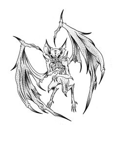 a black and white drawing of a demon flying with its wings spread out in the air