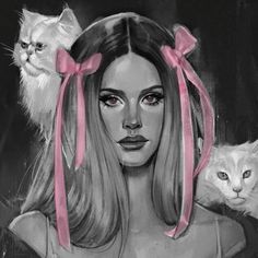 a drawing of a woman with two cats on her head and one cat behind her