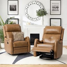 two recliners are shown in front of a fireplace