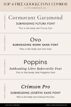 four different font styles that are used to create an info sheet for the web page