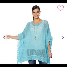 This Lovely Robin’s Egg Blue Poncho Is New And Has Never Been Worn. Can Be An Adorable Beach Cover Up Or Worn Over Any Outfit. Generously Sized For Ease Of Movement And Fabric Drape. Loose-Fitting, Designed For 4-6” Of Ease Between Body And Garment. It Is From Hsn Designer Colleen Lopez. 60% Cotton; 40% Acrylic. Fringe Is 100% Cotton. Approx 27” Long. Blue Casual Poncho For Vacation, Casual Blue Poncho For Vacation, Blue Poncho For Beach In Spring, Casual Blue Poncho For Spring, Blue Poncho For Spring Vacation, Blue Poncho For Vacation In Spring, Spring Vacation Blue Poncho, Purple Blue Ombre, Hand Knit Poncho