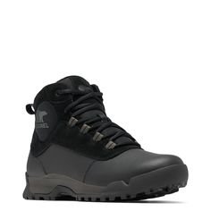 These mens Buxton black/quarry winter boots by Sorel provide the warmth and protect you need during the cold weather seasons. Made of textile and synthetic leather upper suede leather trim, these winter boots have a round toe and secure lace-up closure. A waterproof seam-seal construction and an injection-molded, waterproof thermal-rubber shell keep feet dry. The padded collar and tongue provide comfort while soft textile lining with 2o0g insulation keeps you feeling warm and toasty. Features in Short Winter Boots, Weather Seasons, Mens Winter Boots, Waterproof Winter Boots, Mens Shoes Boots, Winter Shoes, Men Winter, Short Boots, Synthetic Leather