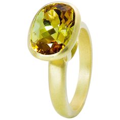 Cushion Cut Yellow-Olive Tourmaline Ring. The translucent olive-green color of this stylish tourmaline ring mesmerizes and makes a statement all on its own. Its rich hue is not only elegant, but serves to embody all of the textures and colors represented in nature. Handcrafted in 18k gold, Faye Kim's bold, yet simple and clean design uses the natural beauty of this tourmaline to make a stunning ring. Tourmaline: 5.54 Carats Dimensions: 14 x 10.5 mm Shank Width: 3.5 x 2.5 mm Size: 6.75 Made in U. Plaster Chandelier, Yellow Gold Stacking Rings, Antique Cushion Cut, Cushion Cut Ring, White Gold Set, Contemporary Ring, Orange Sapphire, Ring Ideas, Gold Ring Stack