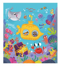 a yellow submarine surrounded by sea animals and fish