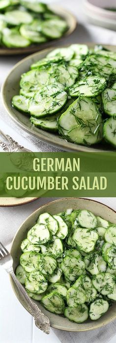 cucumber salad in a bowl on a table with two plates next to it