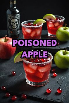 A photo of a  Poisoned Apple which is a type of halloween cocktails Tasty Halloween Cocktails, Halloween Fireball Drinks, Best Halloween Drinks Alcohol, Party Punch Alcohol Halloween, Easy Alcoholic Mixed Drinks, Halloween Cocktails Easy Recipe, Halloween Themed Shots Alcohol, Halloween Apatizers For Party, Halloween Drinks With Wine