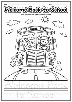 the welcome back to school coloring page is shown in black and white, with an image of