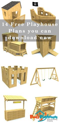 various wooden play house plans with text overlay that reads, 4 free playhouse plans you can download now