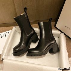 Olivia Mark - Genuine Leather Chunky Heel Platform High-Top Chelsea Ankle Boots Chelsea Boots Style, Rough Heels, Chunky Heel Ankle Boots, Chunky Heels Boots, Chelsea Ankle Boots, Heel Ankle Boots, Platform Heels Chunky, High Heel Boots Ankle, Genuine Leather Shoes