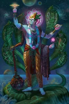 the hindu god is holding a lamp in his hand and standing on top of a plant