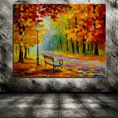 a painting of a park bench in the fall