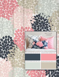 an image of a bedroom with pink and gray flowers on the wall next to it