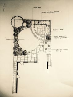 an architectural drawing of a garden with seating areas and flowers on the ground floor plan