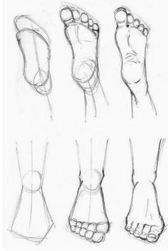 four different views of feet and toes in various stages of drawing, with one being drawn