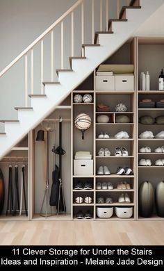 an under the stairs storage area with shoes and other items on shelves next to a stair case