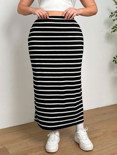 Plus Size Women's Knitted Black And White Striped Skirt Black and White Casual   Knitted Fabric Colorblock,Striped Straight Slight Stretch  Women Plus Clothing, size features are:Bust: ,Length: ,Sleeve Length: White Striped Skirt, Plus Size Skirts, White Casual, Maternity Bag, Plus Clothing, Women Clothes Sale, Color Blocking, Length Sleeve, Sleeve Length