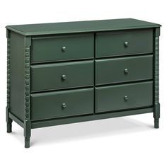 a green dresser with four drawers and two handles on each drawer, in front of a white background