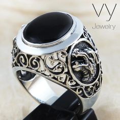 Onyx Dragon 925 Sterling Silver Men Ring - VY Jewelry Luxury Black Signet Ring Stamped 925, Elegant Black Skull Ring In Sterling Silver, Elegant Black Sterling Silver Skull Ring, Luxury Onyx Men's Ring Gift, Luxury Silver Signet Ring With Onyx, Luxury Silver Onyx Signet Ring, Silver Bracelet For Men, Mens Sterling Silver Jewelry, Luxury Silver Onyx Men's Ring