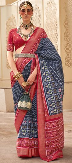 Blue, Red and Maroon color Saree in Silk fabric with Weaving work Traditional Bandhani Print Saree For Reception, Saree With Bandhani Print For Reception, Reception Bandhani Print Saree, Red Dupatta With Zari Weaving For Reception, Red Motif Saree For Reception, Red Saree With Motifs For Reception, Blue Art Silk Fabric For Festive Occasions, Festive Blue Art Silk Fabric, Traditional Blue Saree Fabric