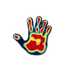 an embroidered hand with the number five painted in red, yellow and blue on it