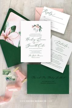 wedding stationery with pink flowers and green envelopes