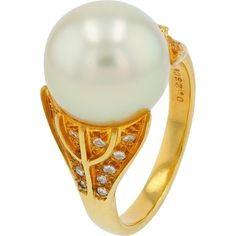 18K Yellow Gold Mikimoto Ring with 11.50 MM Pearl and Diamond Accents - 0.23 Carats Total Diamond Weight Luxury Hallmarked Yellow Gold Pearl Ring, Luxury Yellow Gold Rings With Pearl Drop, Luxury Yellow Gold Rings With Tahitian Pearl, Luxury Yellow Gold Pearl Ring With Diamond Accents, Luxury Yellow Gold Pearl Ring For Everyday, Luxury Pearl Ring With Brilliant Cut For Formal Occasions, Luxury Brilliant Cut Pearl Ring For Formal Occasions, Formal Yellow Gold Pearl Ring With High Luster, Formal High Luster Yellow Gold Pearl Ring