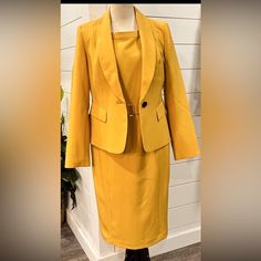 Nwt Mustard Yellow Suit Evan Picone Jacket Sz 6 And Dress Sz 8 Modern Style Very Trendy For Fall Winter See Pics For Approx Measurements Career Power Suit Fall Spring Wedding Fitted Skirt Suit For Career In Fall, Fitted Knee-length Semi-formal Blazer, Knee-length Fitted Semi-formal Blazer, Fitted Knee-length Blazer For Semi-formal Occasions, Fitted Notch Lapel Jacket Dress For Spring, Fitted Jacket Dress With Notch Lapel For Spring, Spring Career Fitted Blazer, Long Sleeve Skirt Suit For Career In Fall, Fall Career Long Sleeve Skirt Suit