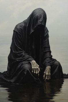 a painting of a person in the water with their hands on his knees and face covered by black cloth