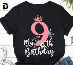 a t - shirt that says 9th birthday with a crown on it and the number nine