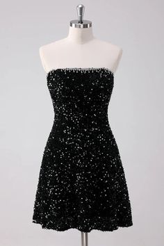 Amzcw Sparkly Black A Line Strapless Short Homecoming Dress with Sequi – Amzcw Dress Sequin Party Dress Short, Classy Homecoming Dress, Black Dress Outfit Party, Little Black Dress Outfit, Party Dress Inspiration, Homecoming Dresses Sparkly, Sequin Homecoming Dress, Black Sparkly Dress, Dress With Sequins