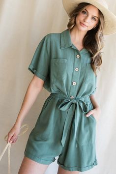 Harper Button-Up Romper – Penelope The Label Button Up Romper, Floral Babydoll Top, Cuffed Shorts, Short Rompers, Looking Good, Modern Fashion, New Wardrobe, Feeling Great, Short Sets