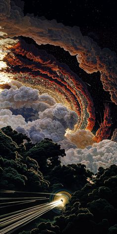 an image of a painting that looks like it is in the sky with clouds and stars