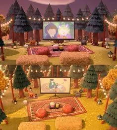 two pictures of a living room decorated with fake trees and pumpkins on the floor