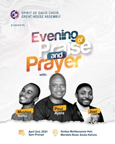 the event poster for evening praise and prayer with three men in black shirts, smiling