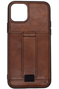 a brown leather case with two compartments for the iphone 11 and an attached card holder