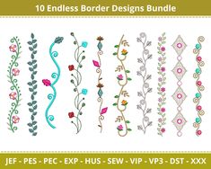 10 embroidery border designs bundle with flowers and vines