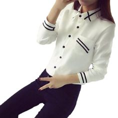 elegant turn down collar long sleeve shirt Blouse Korean Style, Strip Blouse, Kimono Yukata, White Shirt Blouse, Women Blouses Fashion, The Office Shirts, Korean Fashion Women, Long Sleeve Sequin, Elegant Blouses