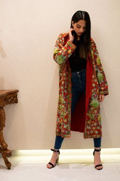 Red Long Coat with Green Floral Embroidery Coats for Woman | Etsy Red Long Coat, Indian Jackets, Embroidery Coat, Boho Coat, Long Outfit, Indian Fashion Trends, Embroidered Coat, Coat Trends, Diy Fashion Clothing