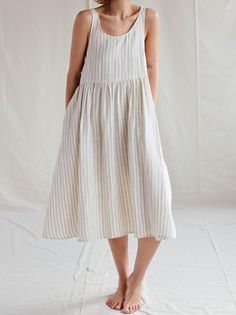 Striped linen smock dress / MITS | Etsy Basic Linen Dress, Boho Farmhouse Outfits, Loose Linen Dress, Sewing Pattern Linen Dress, Simple Summer Dress Pattern, Linen Lounge Wear, Smock Dress Pattern, Linen Dressing Gown, Thrift Aesthetic