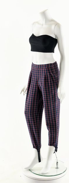 "- Vintage 80's High Rise Plaid Riding Pants - Red And Navy Plaid Stirrup Pants - Elastic Waist - Slight Pleated Waist - Side Button And Zipper Closure Fits like: S - M Material: Polyester, Rayon, Spandex Condition: Excellent Clipped on Mannequin: NO ✂ SIZE + FIT ✂ Length: 34\" / 86 cm Waist: 28\" / 71 cm Hips: 42\" / 107 cm Rise: 13\" / 33 cm Inseam: 26\" / 66 cm All measurements are taken with garment lying flat. ALWAYS refer to measurements as vintage sizes run can vary greatly from todays mo Retro Winter Trousers, Vintage Trousers For Winter, Vintage Winter Trousers, Retro Fitted Winter Bottoms, Retro Fitted Bottoms For Winter, Vintage Full Length Bottoms For Winter, Vintage Full-length Winter Pants, Vintage High Waist Winter Pants, Vintage Pants For Fall