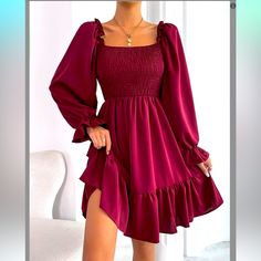 No Size Tags. But This Is A Medium. Purchased On Amazon And Never Used It. Brand New. Ptp Unstretched Flat Is 13.5”. Has A Lot Of Stretch In The Smocked. Light Weight And Gorgeous Color. Shoulder To Hem Is About 32”. Perfect For V-Day. $45.99 Online Smocked Dresses, Flare Long Sleeve, Women Long Sleeve Dress, Square Neck Dress, Ruffle Hem Dress, Lined Skirt, Smocked Dress, Flounce Sleeve, Vestido Casual