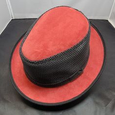 This Is A One-Of-A-Kind Combination Of Suede And Mesh In A Casual Small Brim-Style Fedora Hat With Animal Texture Print Under The Brim! This Hat Is New And Never Been Worn. This American Hat Makers (Head N' Home) Ashbury Ace Fedora Comes With Deep Red Suede On The Brim As Well As On The Top Of The Hat. The Underside Has A Leather Red Boa Texture Print. - Brim 1" Crown 3 3/4" - Handmade In The Usa By American Hat Makers (Head N Home Hats) - Removable Sweatband - Leather / Mesh / Suede - Featherwe Red Short Brim Fedora For Formal Occasions, Red Brimmed Fedora For Formal Occasions, Red Fitted Fedora For Kentucky Derby, Red Fedora Hat For Formal Occasions, Red Brimmed Hat Bands For Kentucky Derby, Red Hat Bands For Kentucky Derby, Classic Red Hat Bands For Summer, Red Formal Fedora Hat, Red Fitted Top Hat With Short Brim